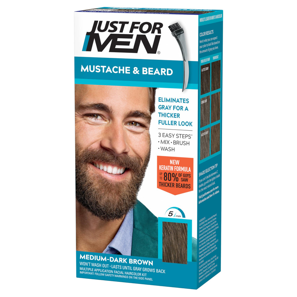 Just For Men front packaging showing product benefits and shade medium-dark brown