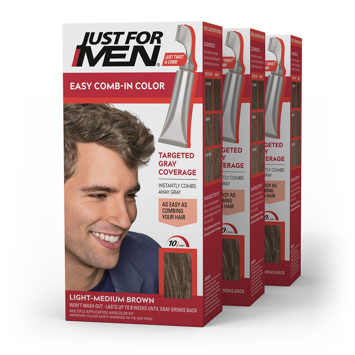 Just For Men product front view showing Light-Medium Brown packaging and clear labeling benefit