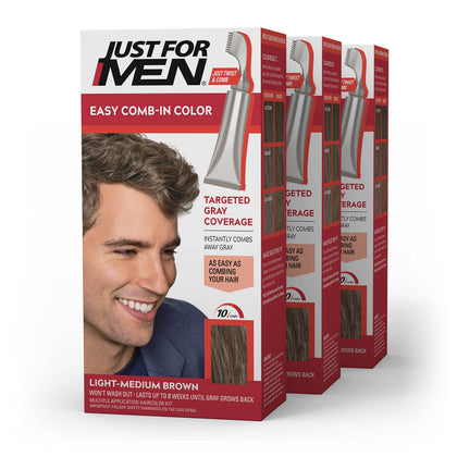 Just For Men product front view showing Light-Medium Brown packaging and clear labeling benefit