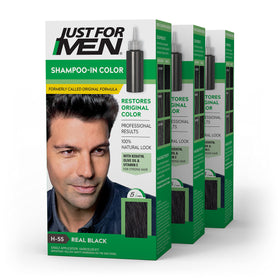 Just For Men front packaging showing Real Black H-55 and three boxes for long-lasting coverage