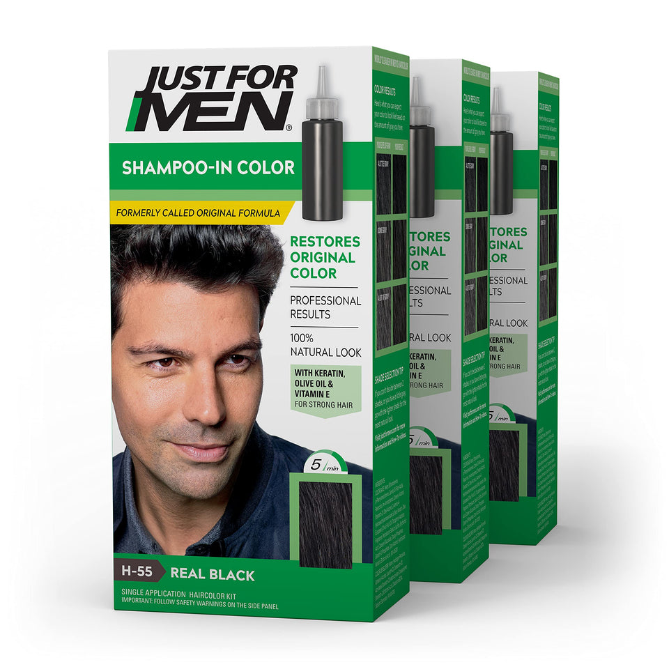 Just For Men front packaging showing Real Black H-55 and three boxes for long-lasting coverage