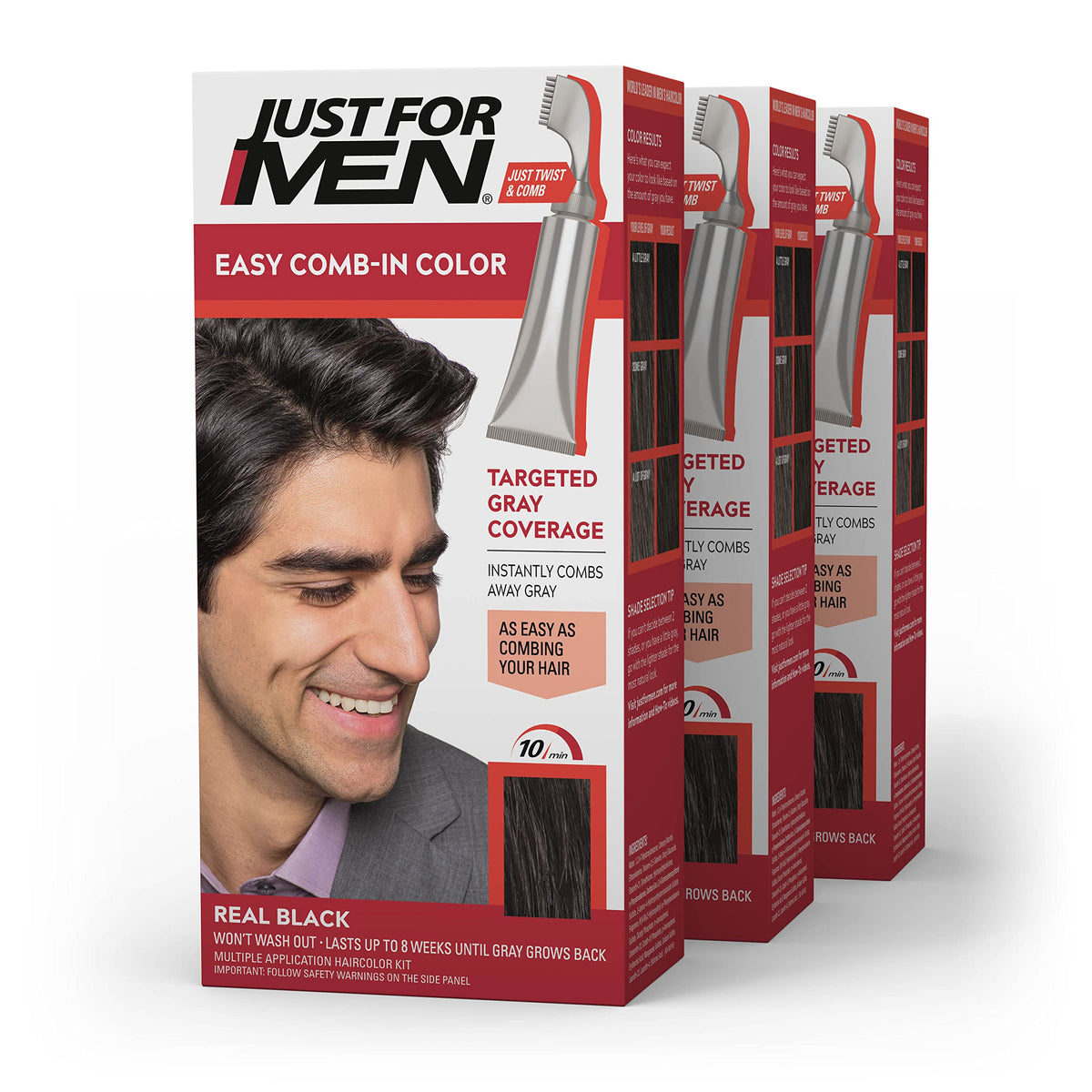 Just For Men front packaging showing Real Black benefit of quick gray coverage
