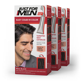 Just For Men front packaging showing Real Black benefit of quick gray coverage