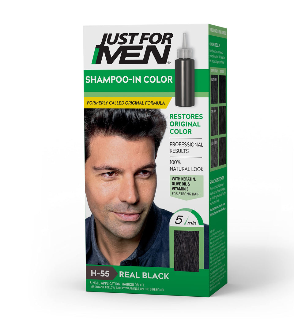 Just For Men front packaging showing real black shade and key benefits