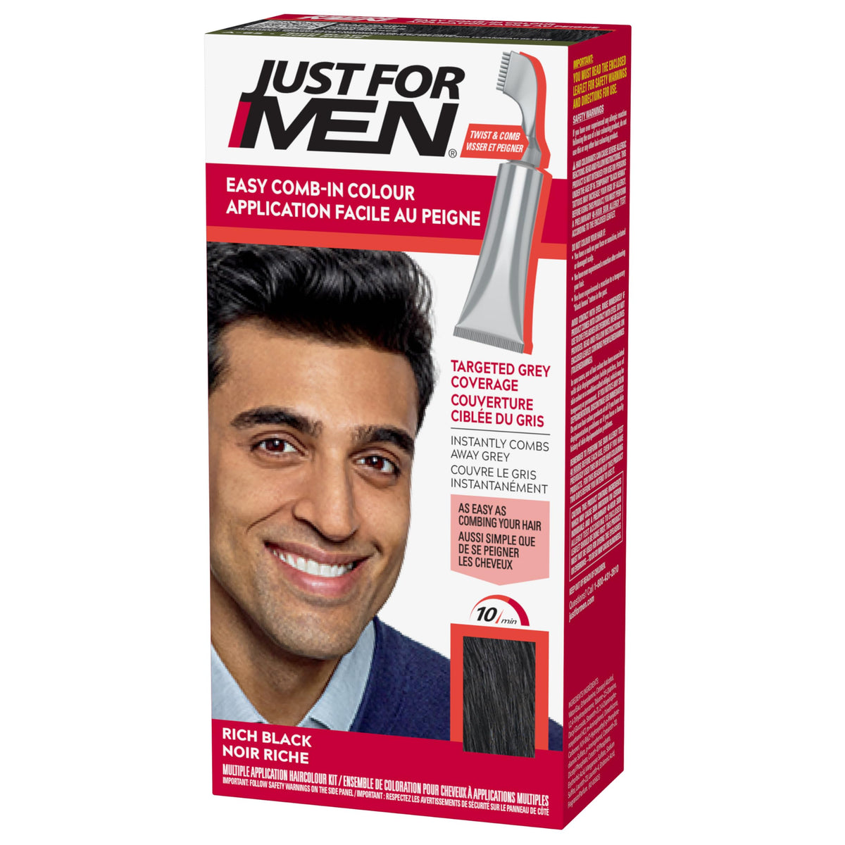 Just For Men front packaging showing Rich Black shade and instant convenience