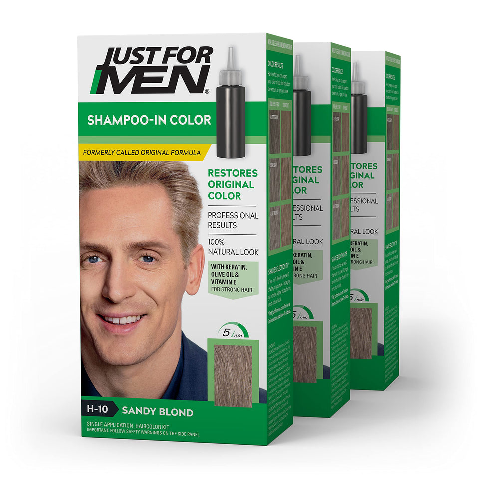 Just For Men sandy blond front packaging showing product and benefits