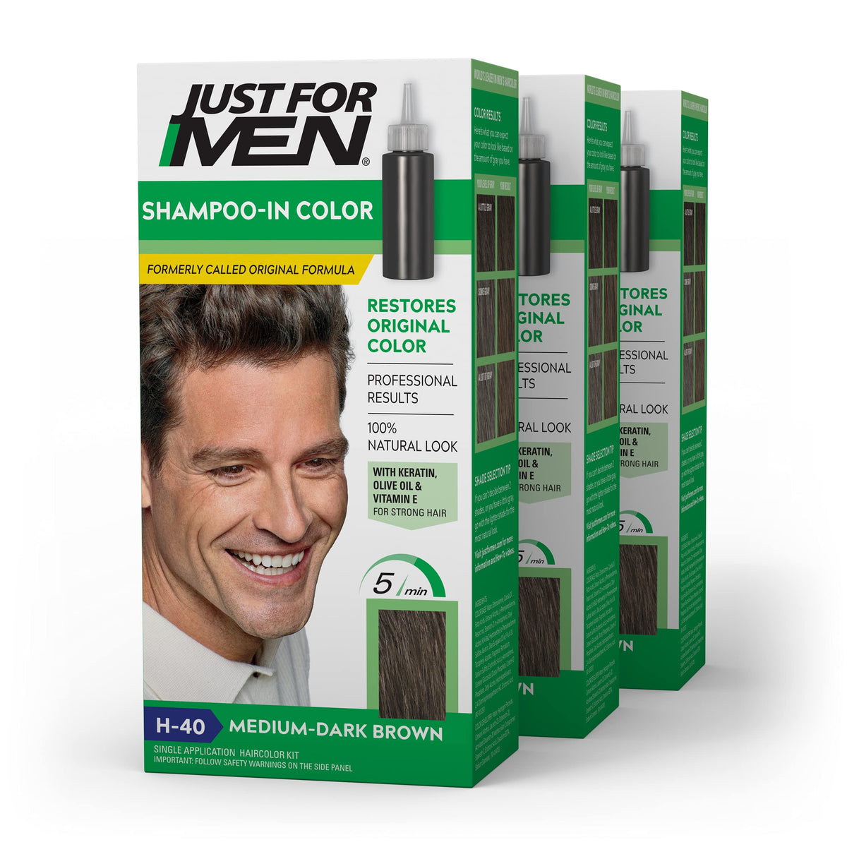 Just For Men front box showing H-40 medium-dark brown and pack of three for reliable coverage