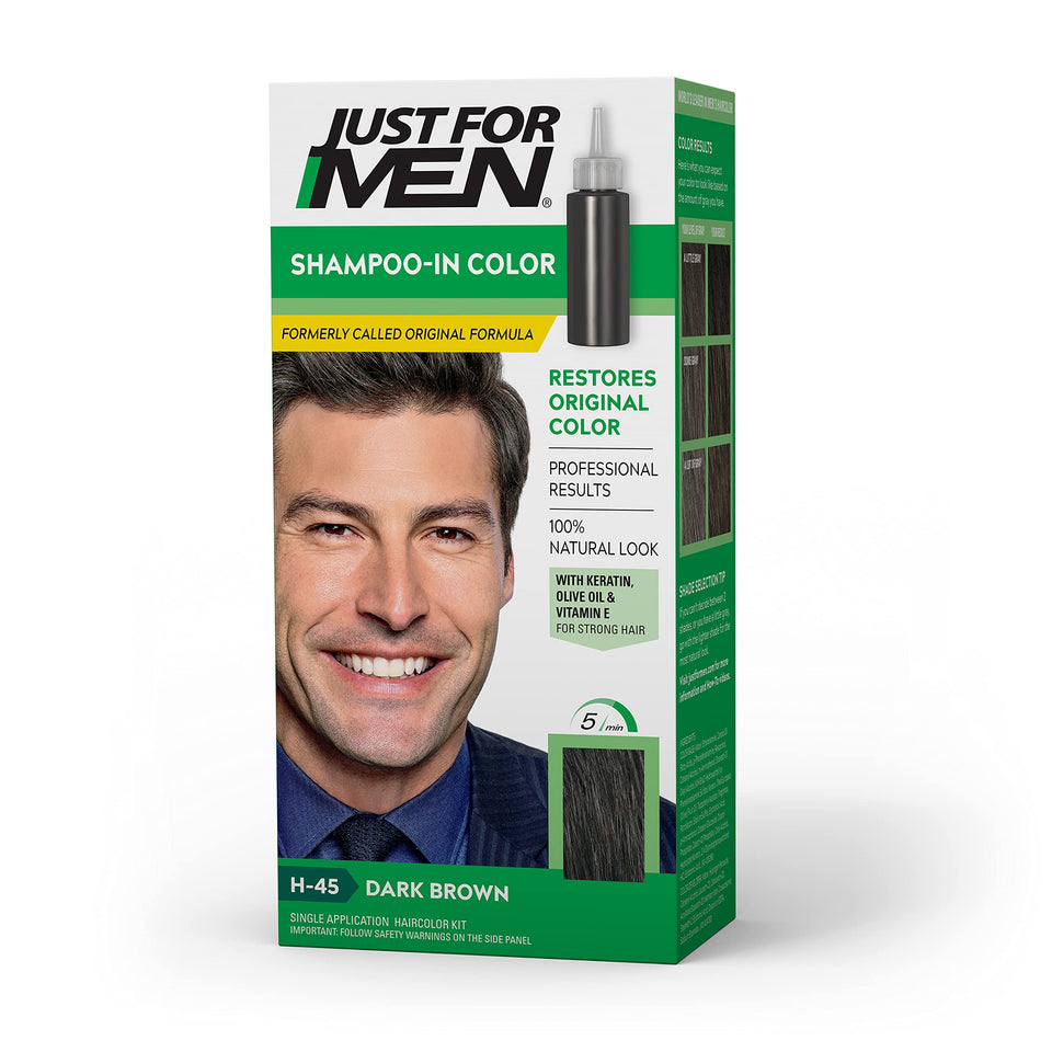 Just For Men front packaging showing dark brown shade and quick five-minute benefit