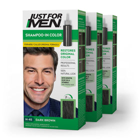 Just For Men front packaging showing dark brown shade and benefits