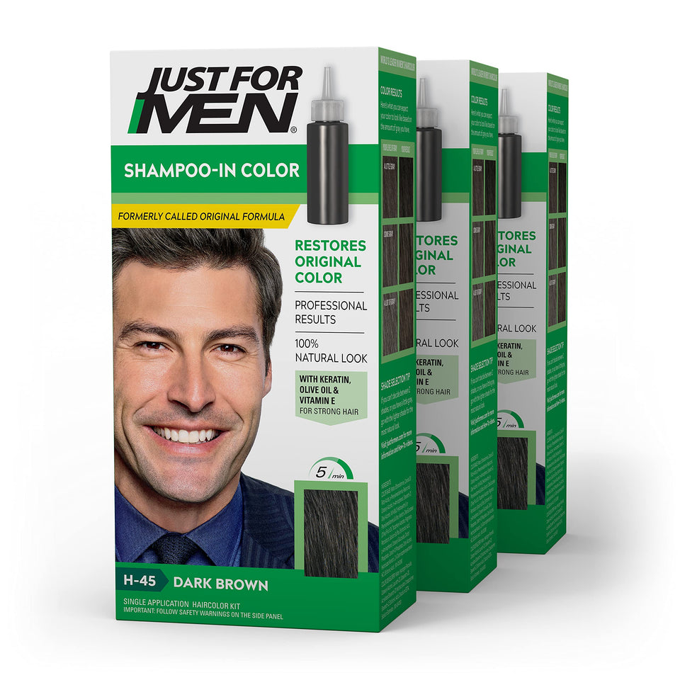Just For Men front packaging showing dark brown shade and benefits