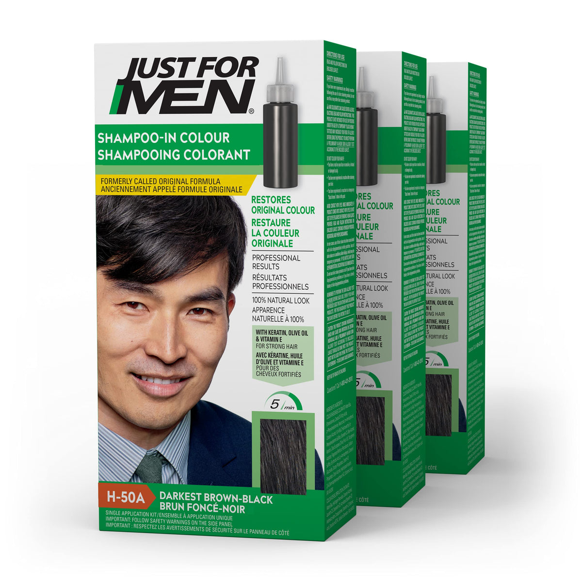 Just For Men front packaging showing H-50A and fast five-minute benefit