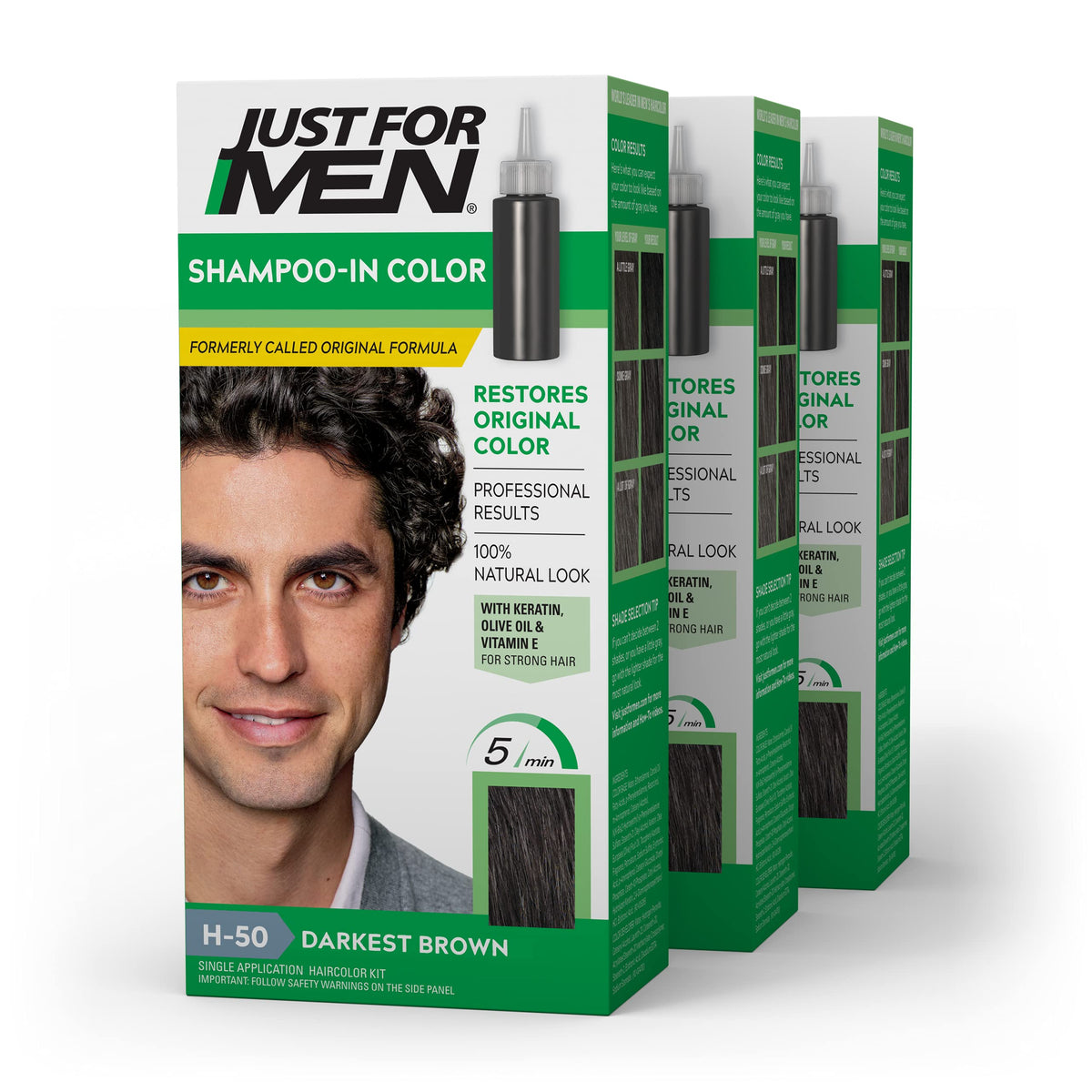 Just For Men front packaging showing product and shade H-50 benefits quick coverage