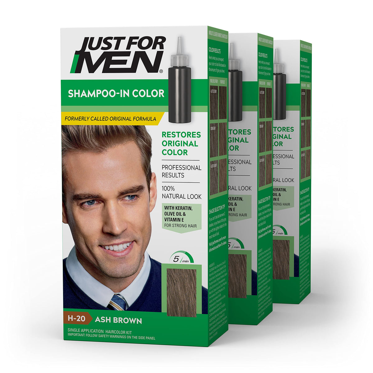 Just For Men front packaging showing ash brown shade and benefits