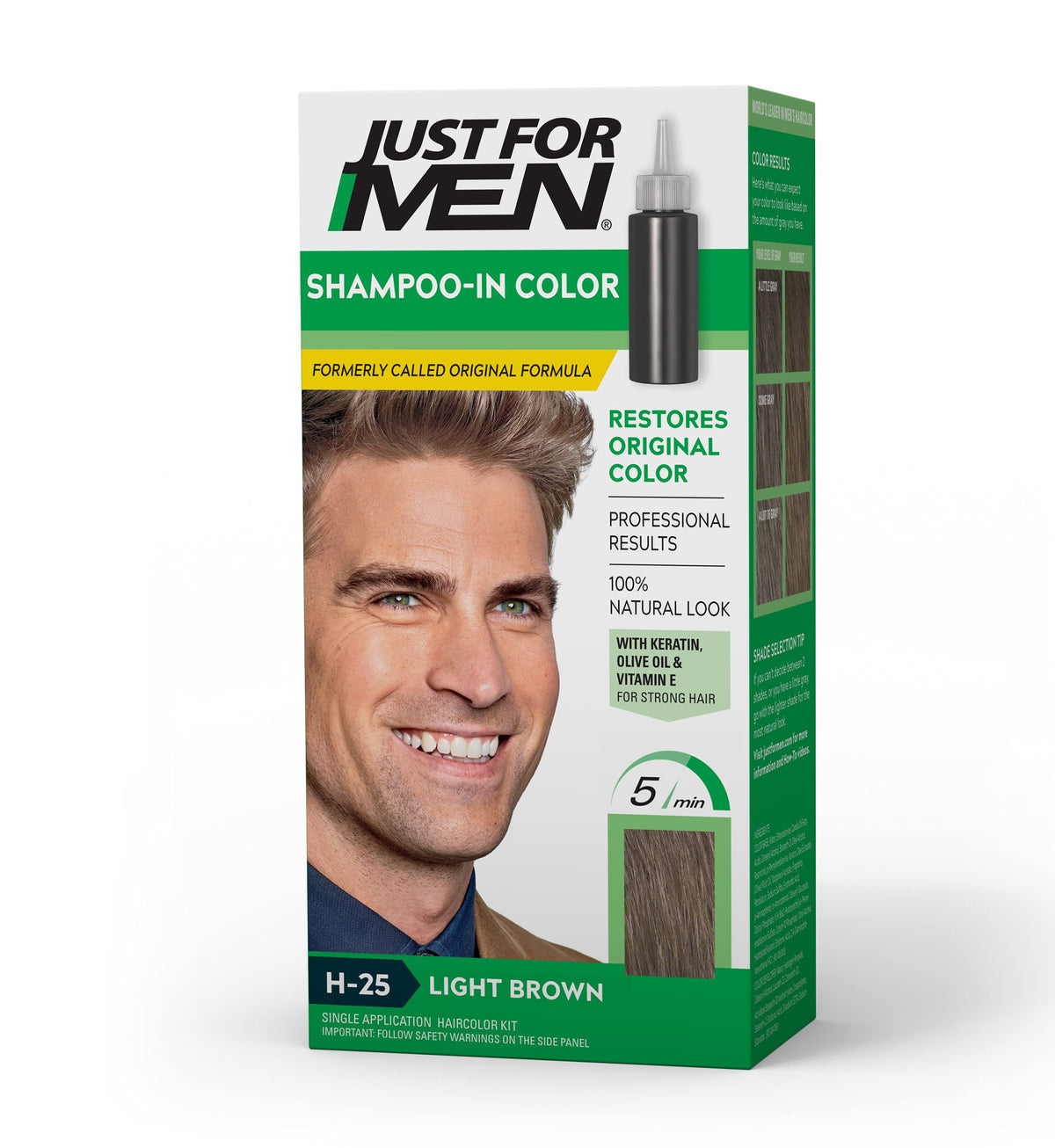 Just For Men front packaging showing light brown shade and benefits