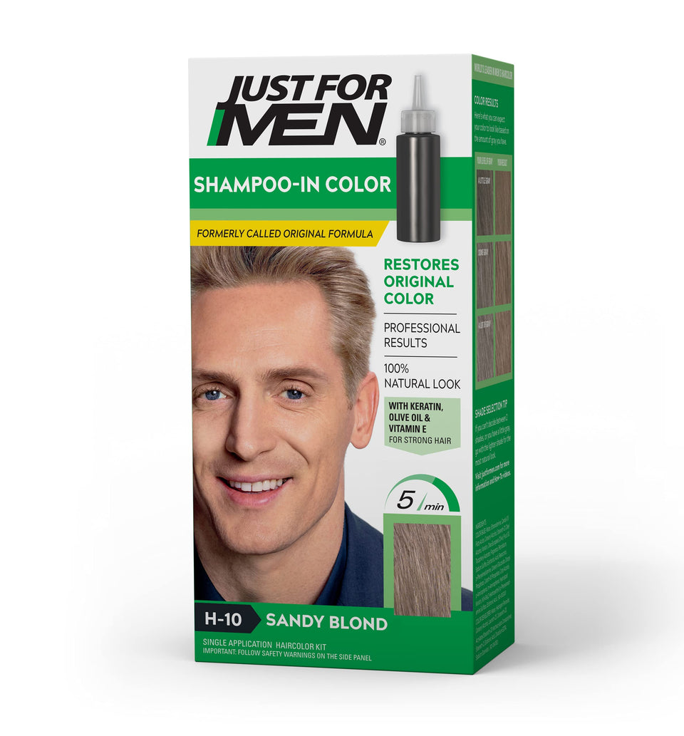 Just For Men front packaging showing sandy blond shade and benefits