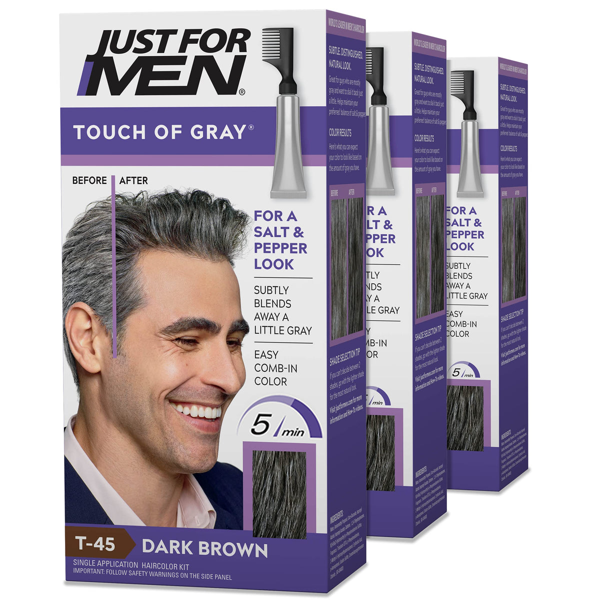 Just For Men front packaging showing dark brown T-45 and three-pack benefit