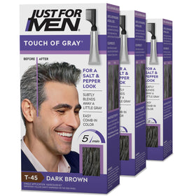 Just For Men front packaging showing dark brown T-45 and three-pack benefit