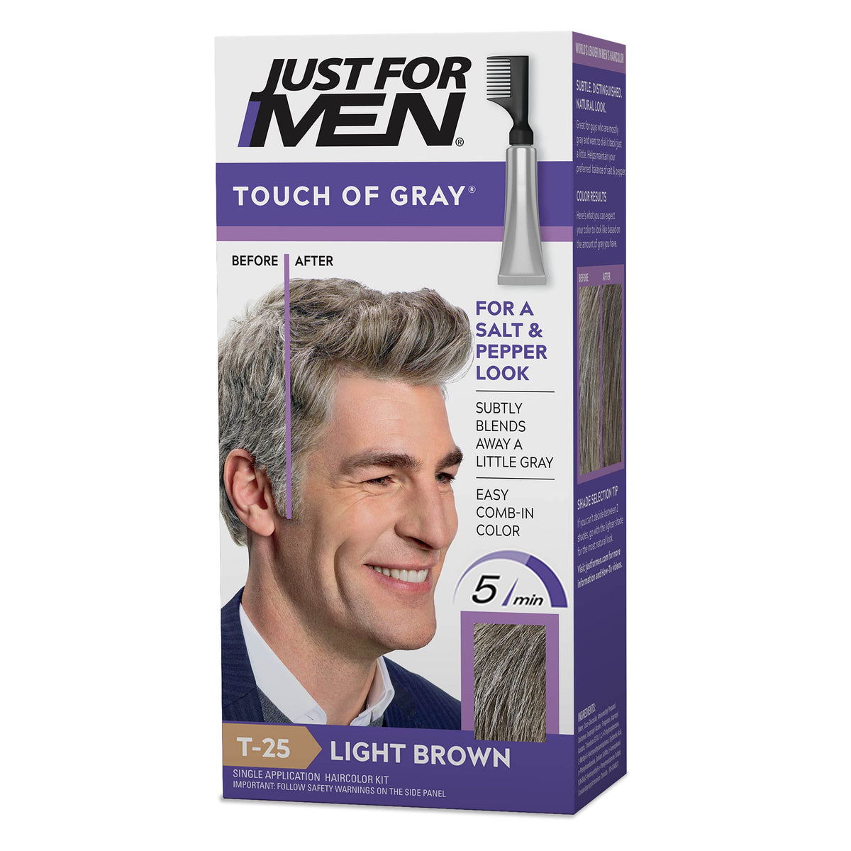 Just For Men front packaging light brown showing product benefits and shade