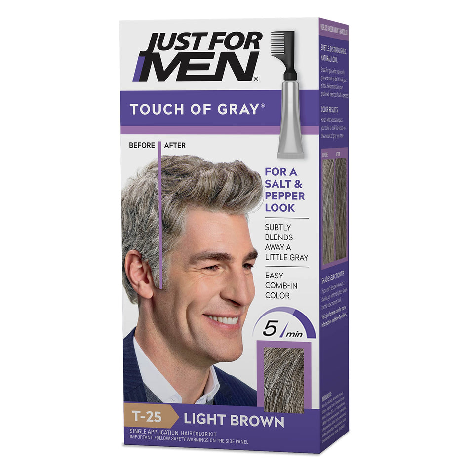 Just For Men front packaging light brown showing product benefits and shade