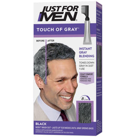 Just For Men Touch of Gray front packaging showing brand and T-55 black shade benefit: clear product ID