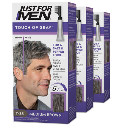 Just For Men front packaging showing medium brown kit and easy selection benefit