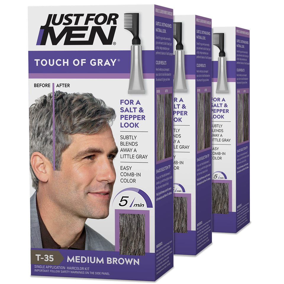 Just For Men front packaging showing medium brown kit and easy selection benefit