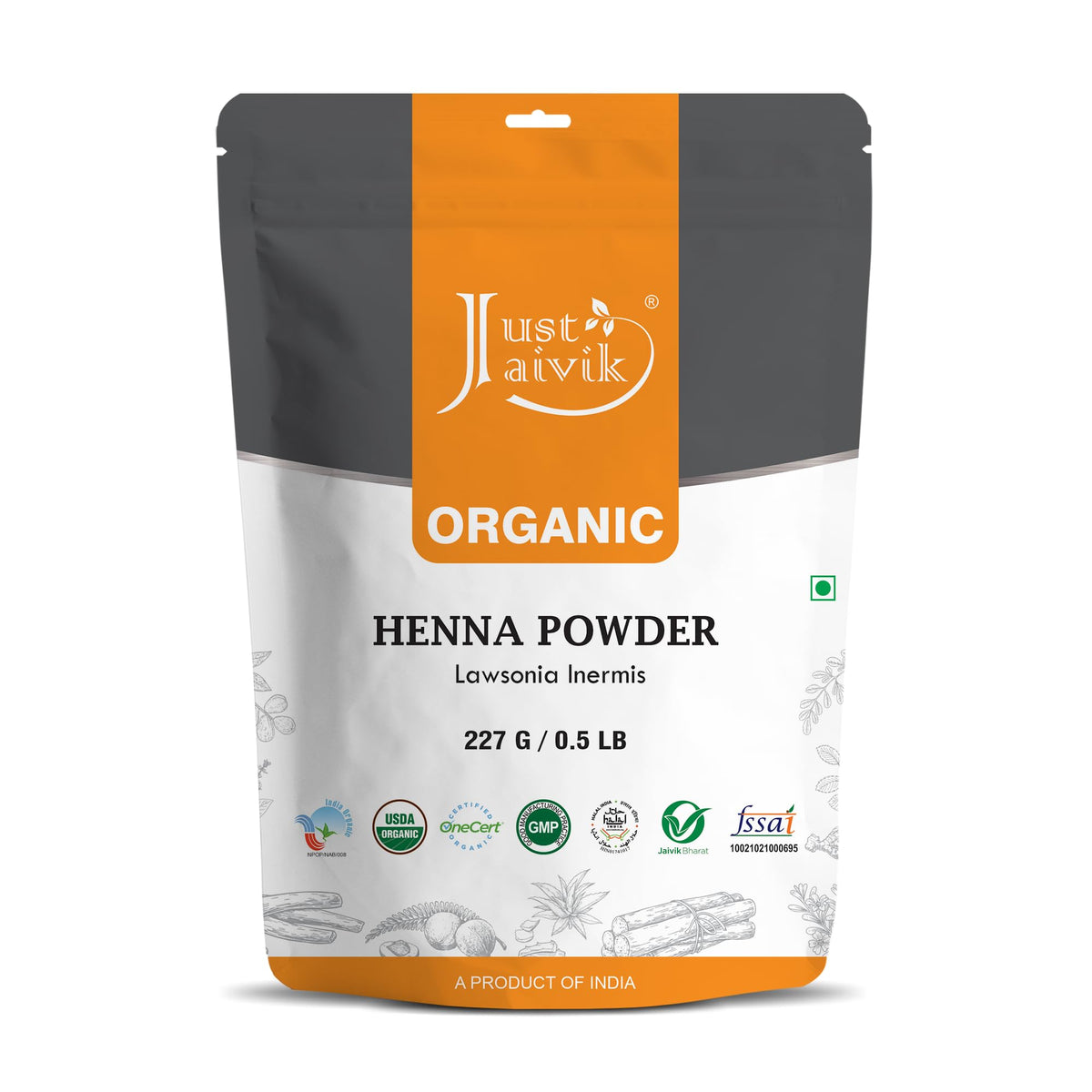 Just Jaivik front packaging showing organic henna and quantity benefit