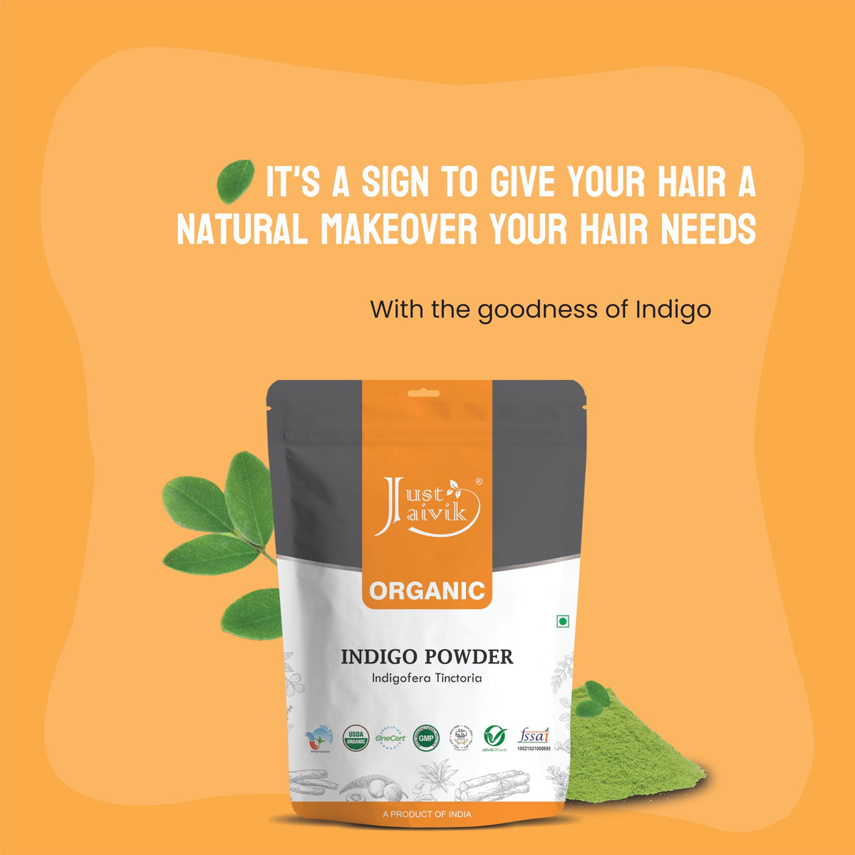 Just Jaivik before-and-after hair showing henna then indigo for darker shade benefit