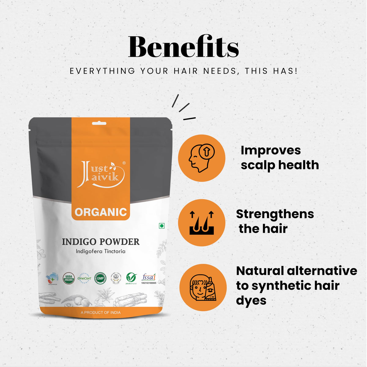 Just Jaivik pouch beside measuring scale illustrating 227 gms weight and portioning benefit