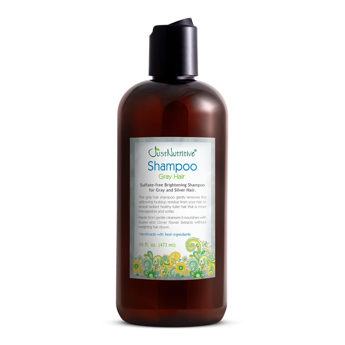 Just Nutritive front bottle shot showing gray hair shampoo benefits