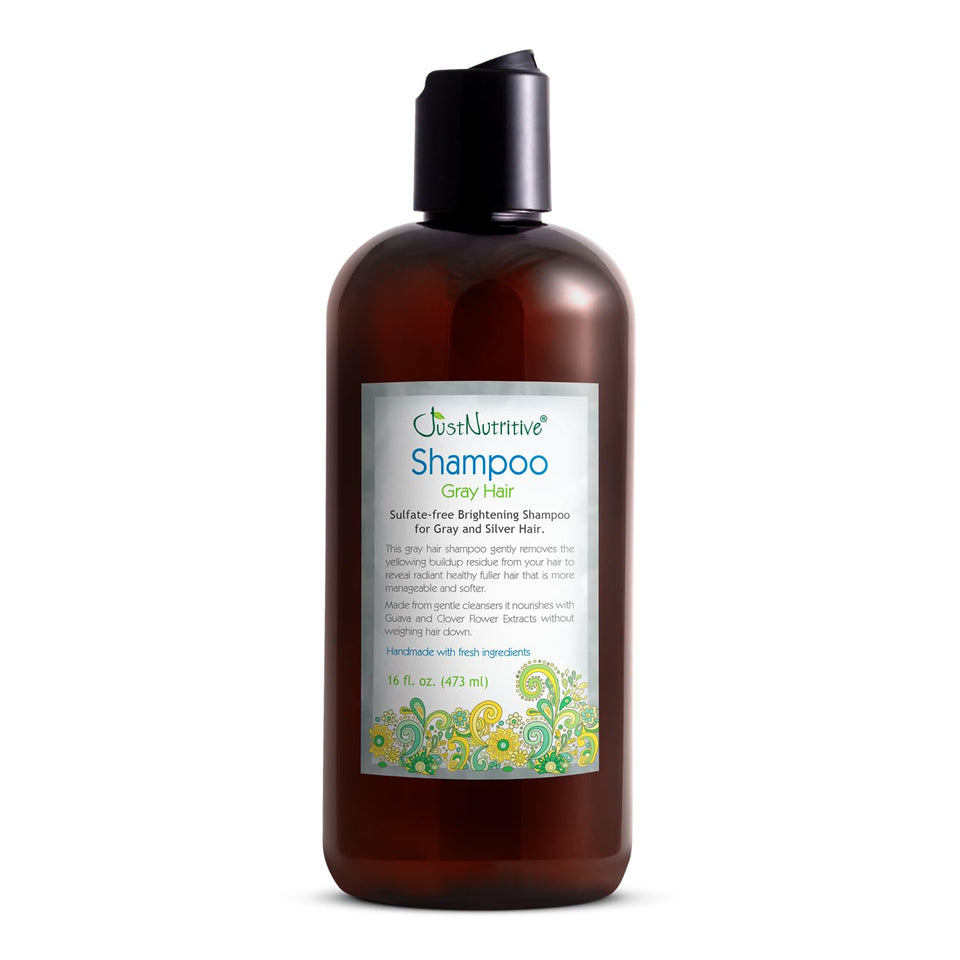Just Nutritive front bottle shot showing gray hair shampoo benefits