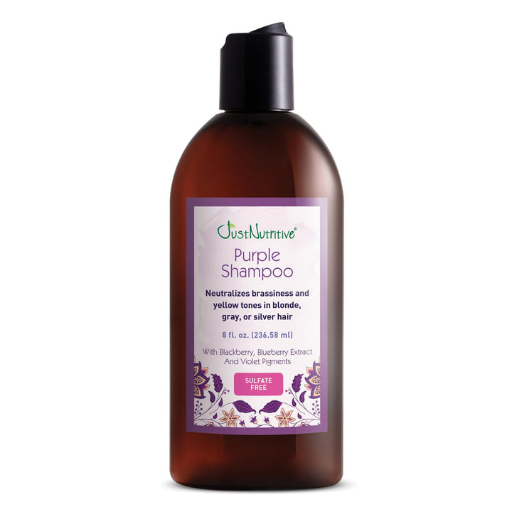 Just Nutritive front bottle view showing purple shampoo for brassiness control