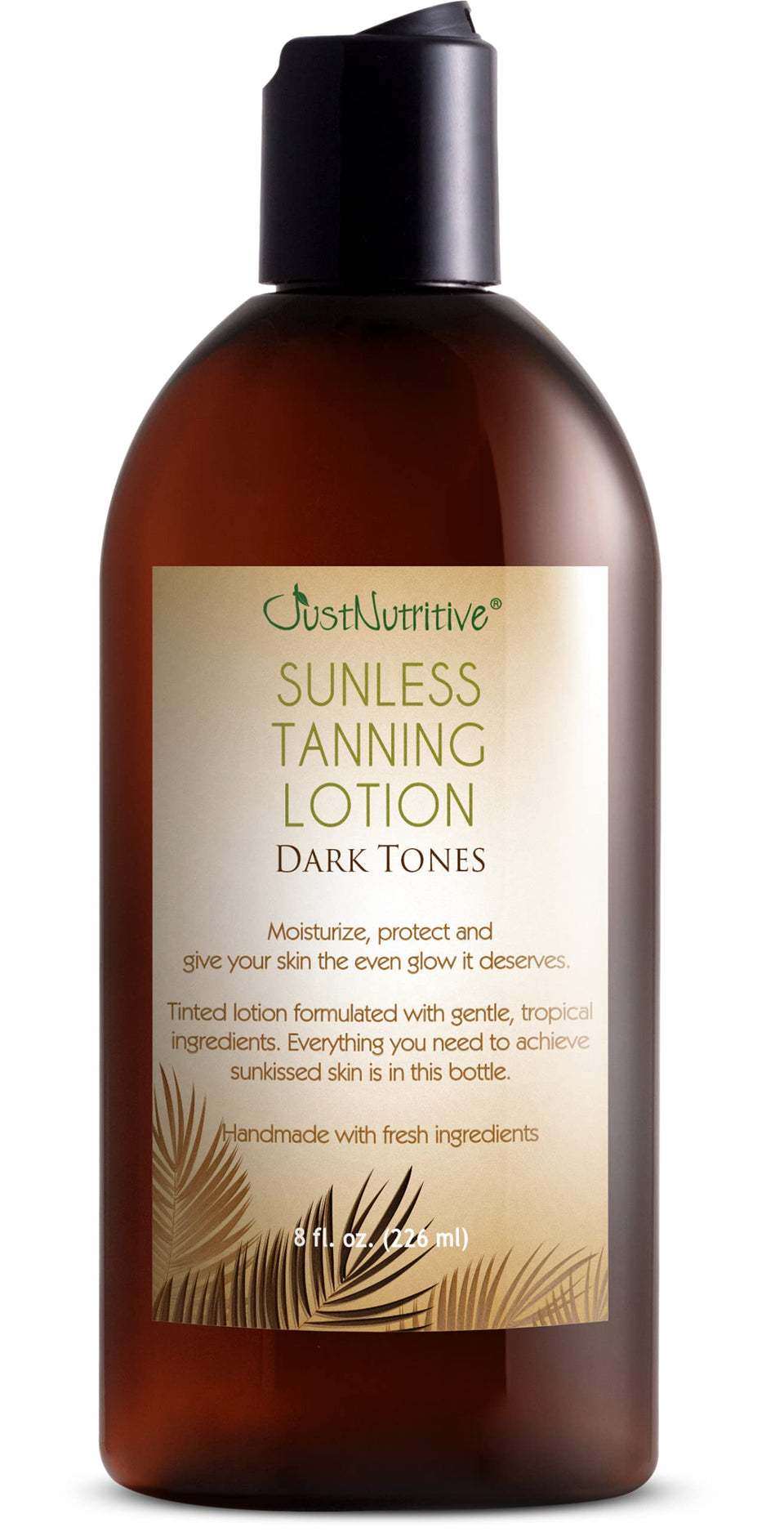 Just Nutritive front packaging showing 8 oz bottle and rich dark tan results