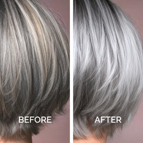 Just Nutritive hair before and after image showing reduced brassiness and shine