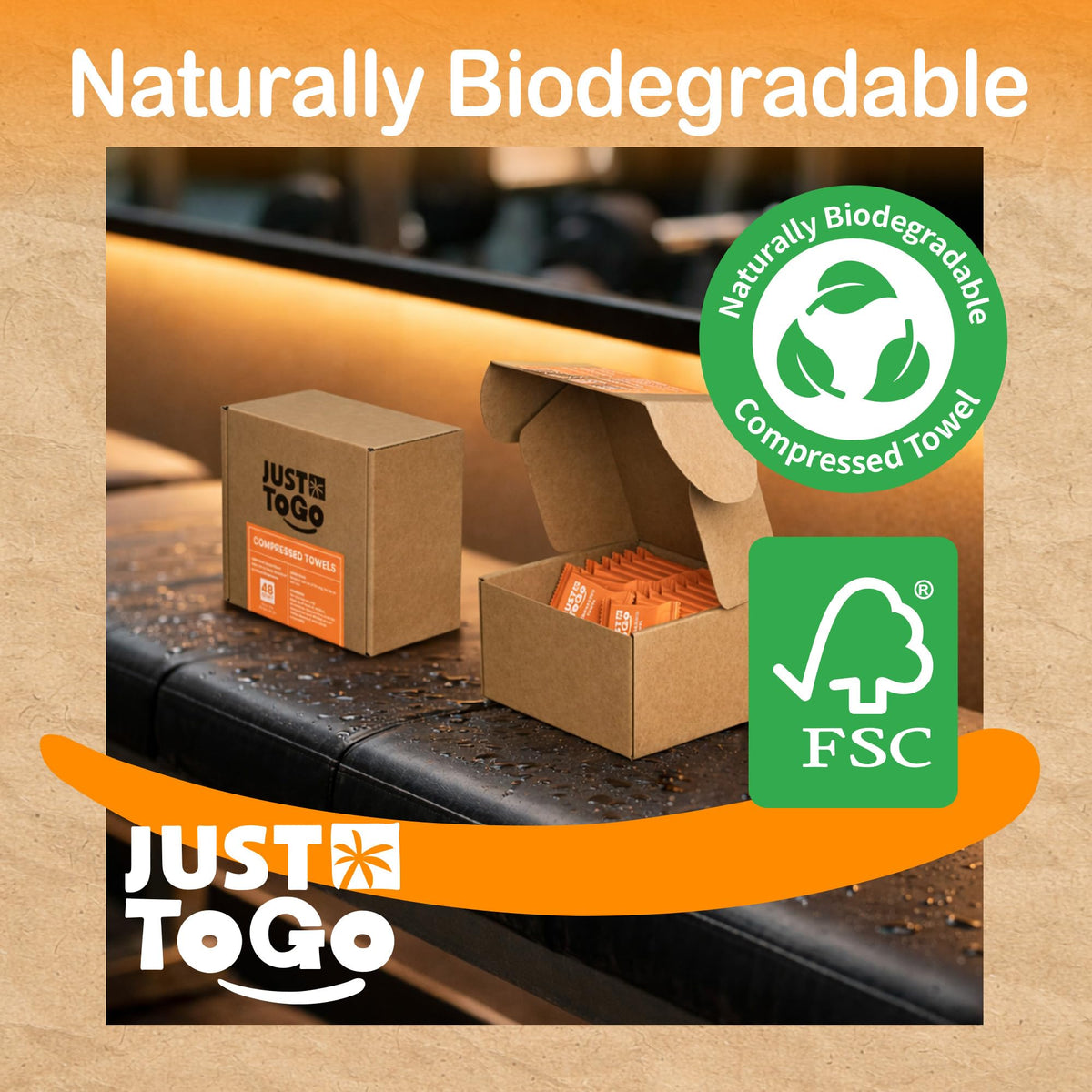 Just To Go biodegradable label close-up indicating plant-based eco-friendly material