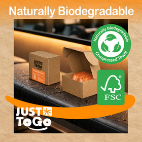 Just To Go biodegradable label close-up indicating plant-based eco-friendly material