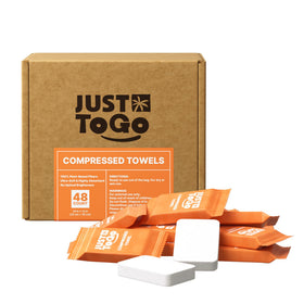 Just To Go front packaging showing 48-count compact travel towels and benefits