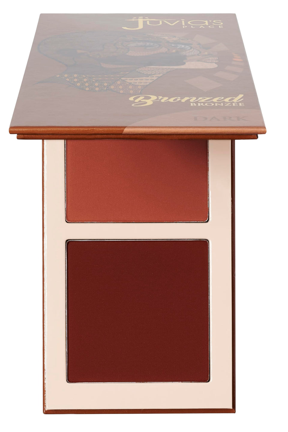 Juvia's Place compact front view showing two matte bronzer shades and brand
