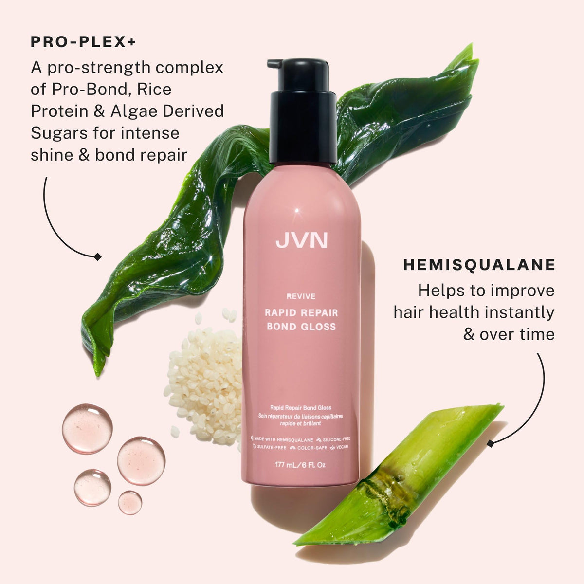 JVN bond gloss pump dispensing product into hand — easy in-shower application