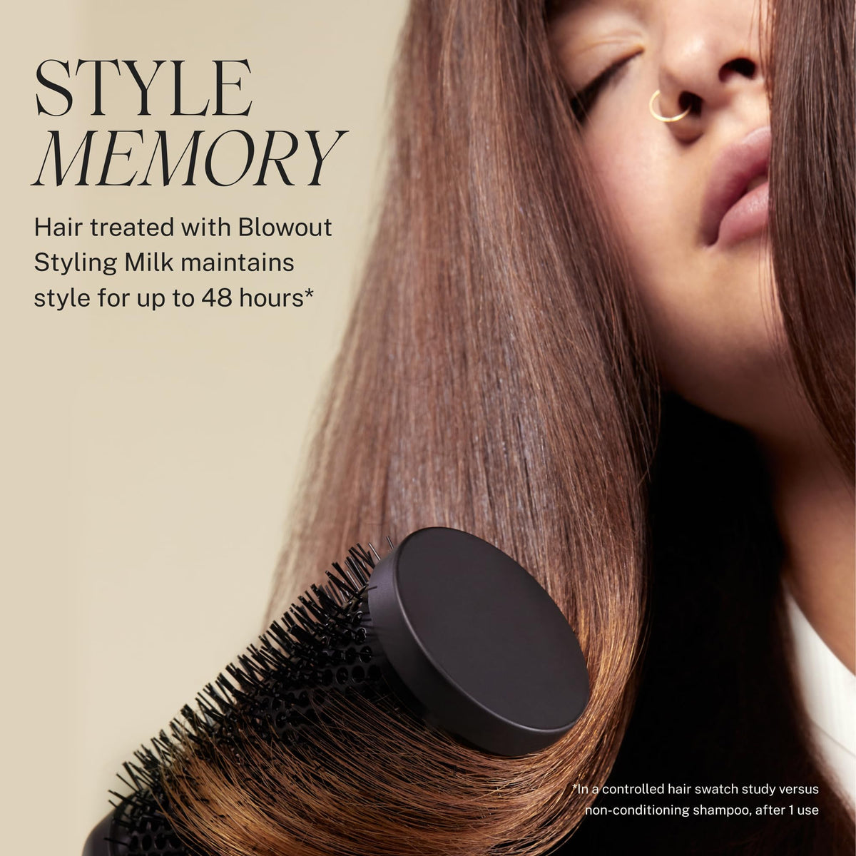JVN applying styling milk to hair midlengths to smooth frizz and hydrate strands