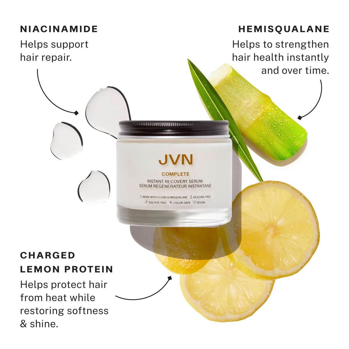 JVN label close-up highlighting niacinamide and Charged Lemon Protein benefits