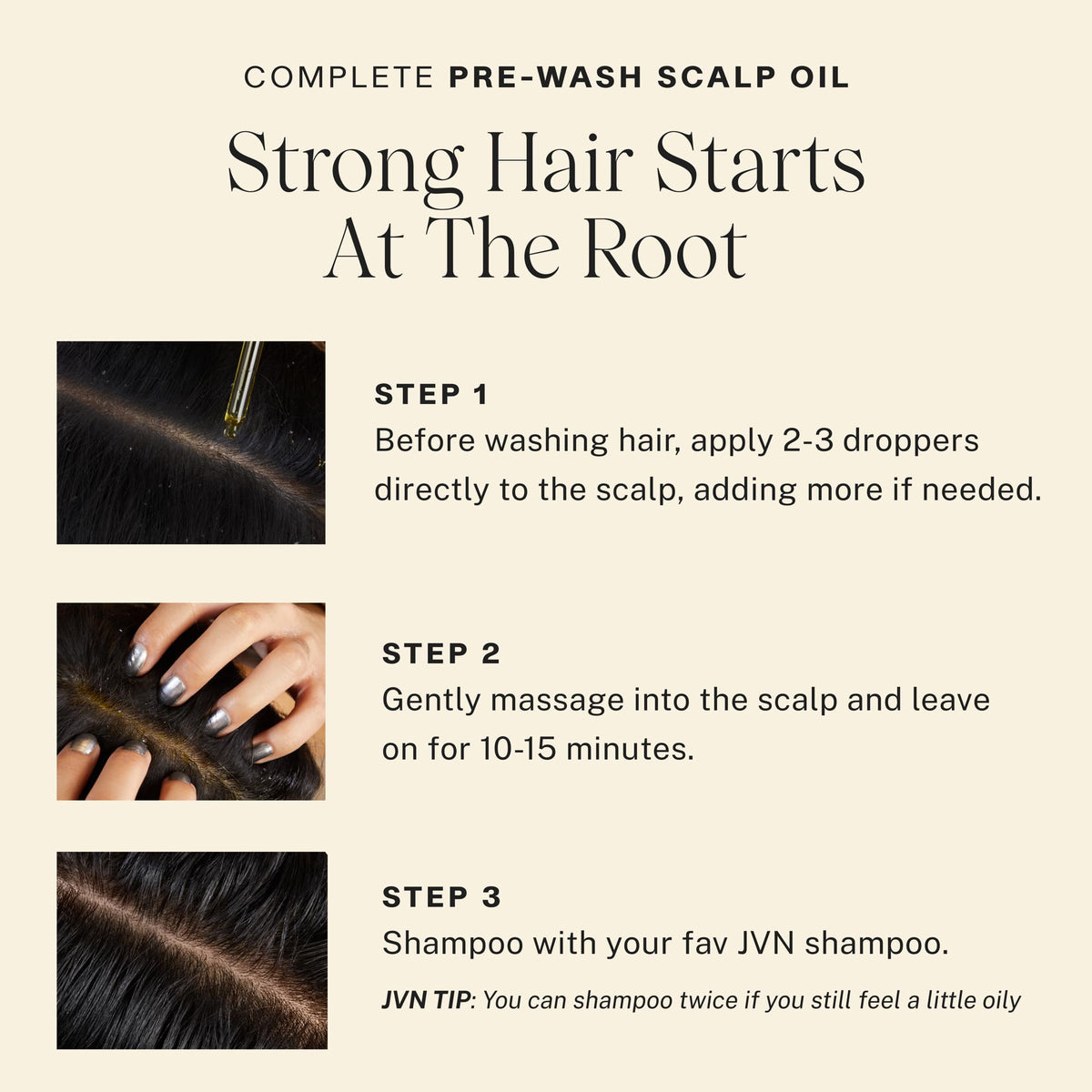 Applying JVN oil to scalp showing targeted pre-wash treatment benefit