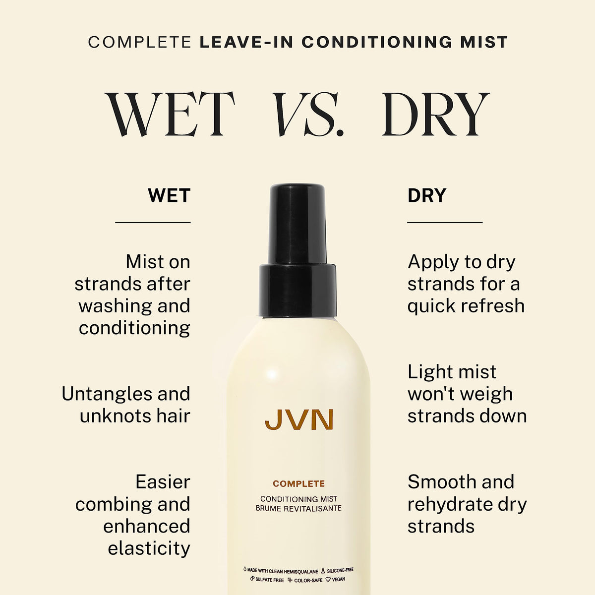 JVN droplets of mist on hair strands demonstrating hydrated texture and shine
