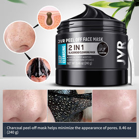 JVR charcoal mask ingredient label highlighting botanical extracts for gentle cleansing