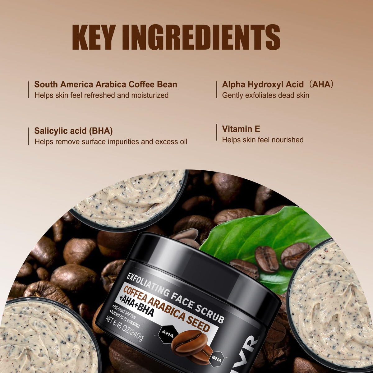 JVR coffee granules close-up demonstrating natural exfoliant benefits