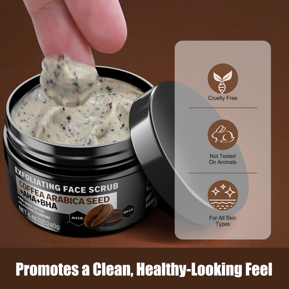 JVR product label close-up showing AHA BHA and coffee extract ingredients