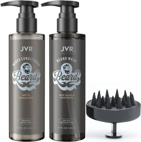JVR front packaging showing beard wash and conditioner, clean presentation benefit