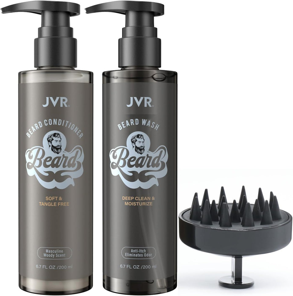 JVR front packaging showing beard wash and conditioner, clean presentation benefit