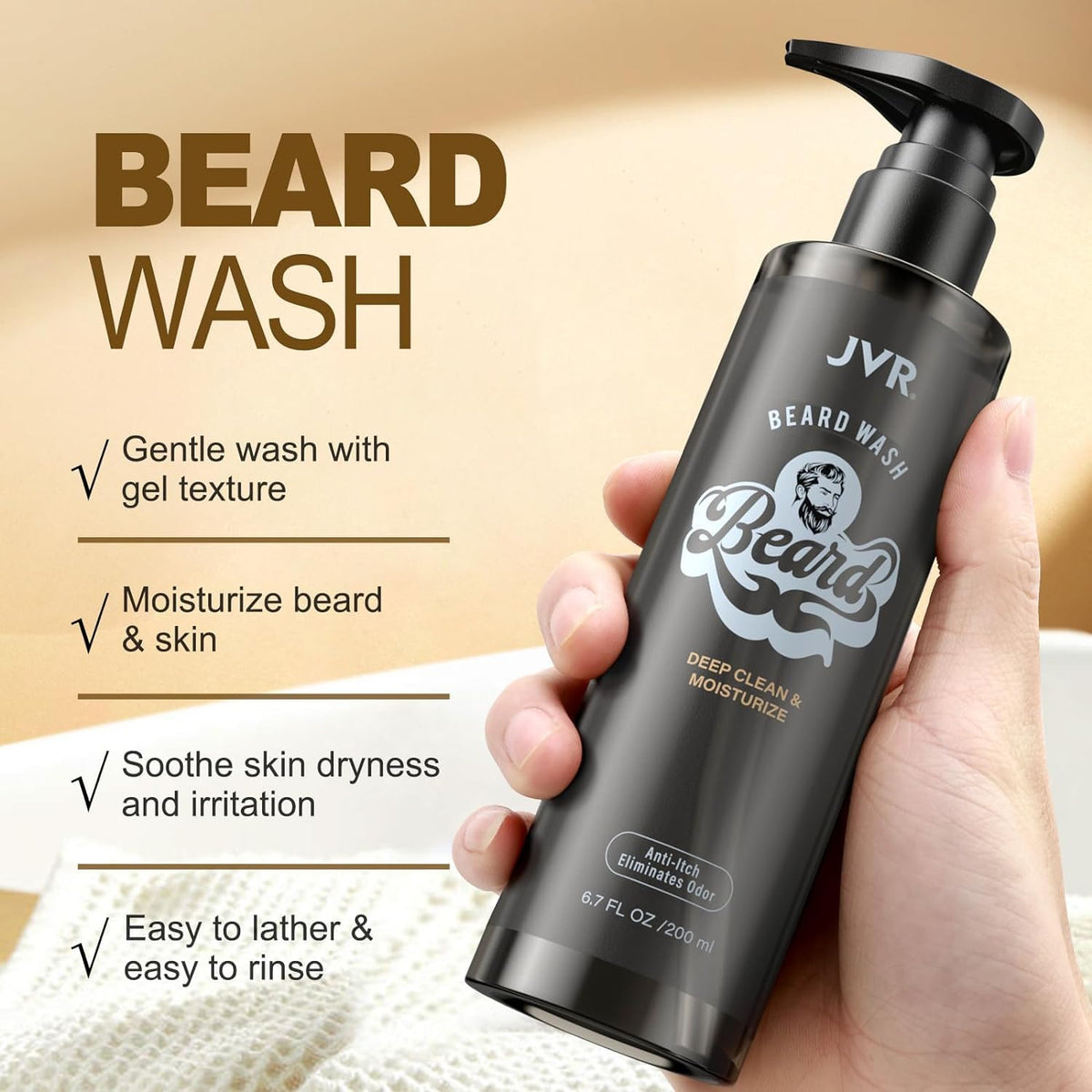 JVR beard wash foam texture on hand demonstrating gentle cleansing