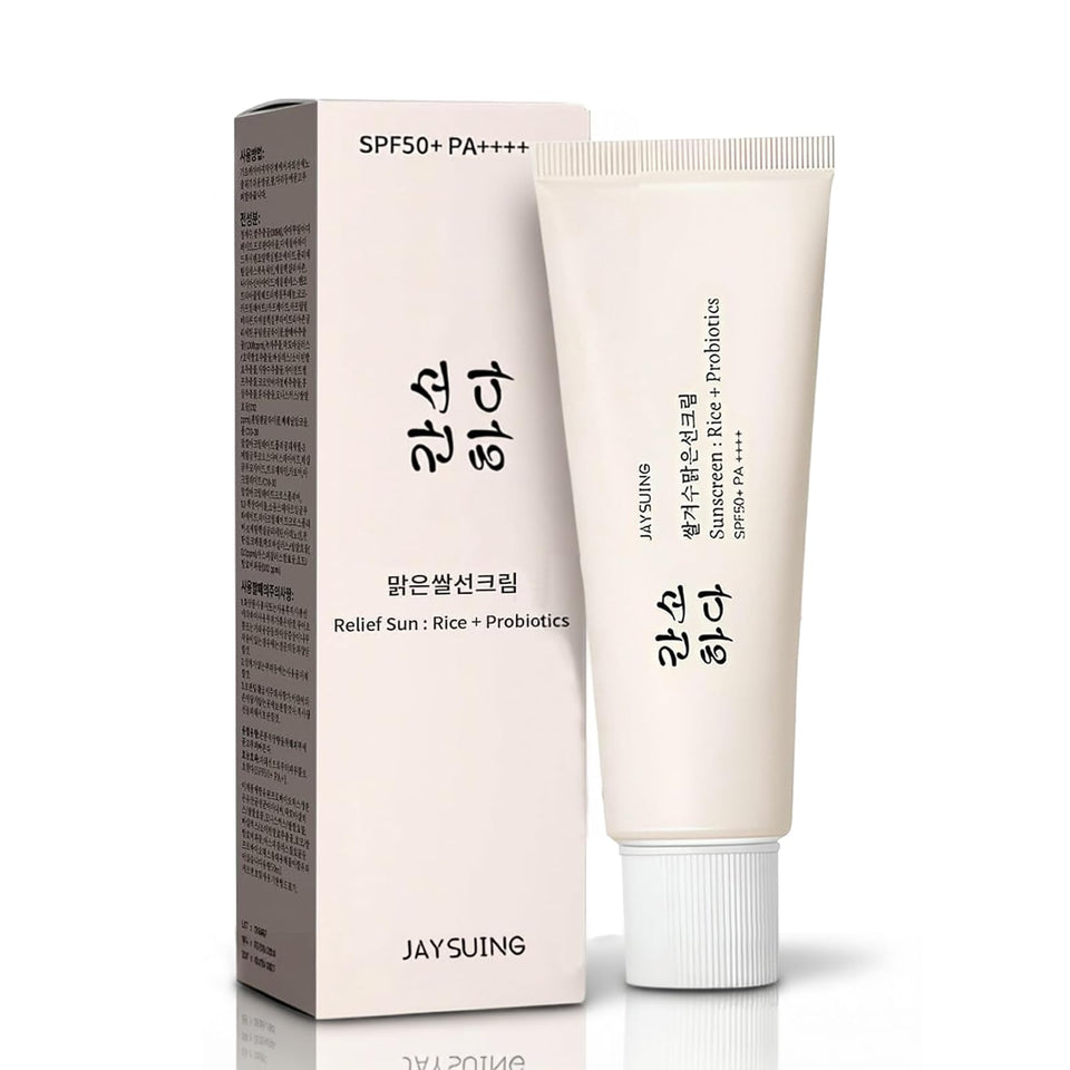 JXMLTT front tube showing SPF 50+ and rice sunscreen benefits